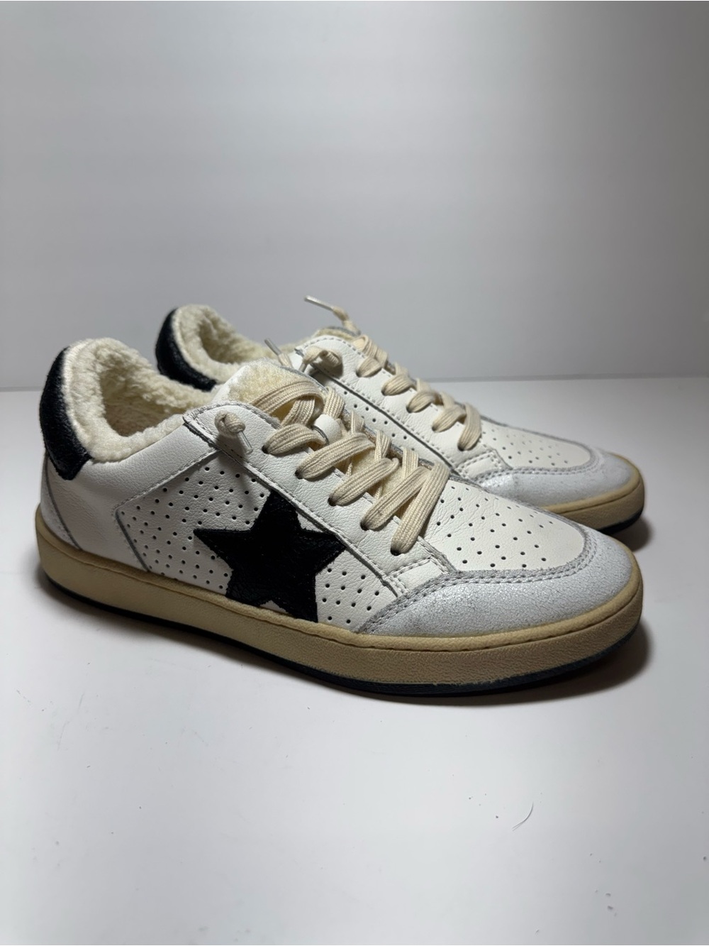 New Vintage Havana Shearling Fleece Side Star Sneakers Low-Top White Size 7